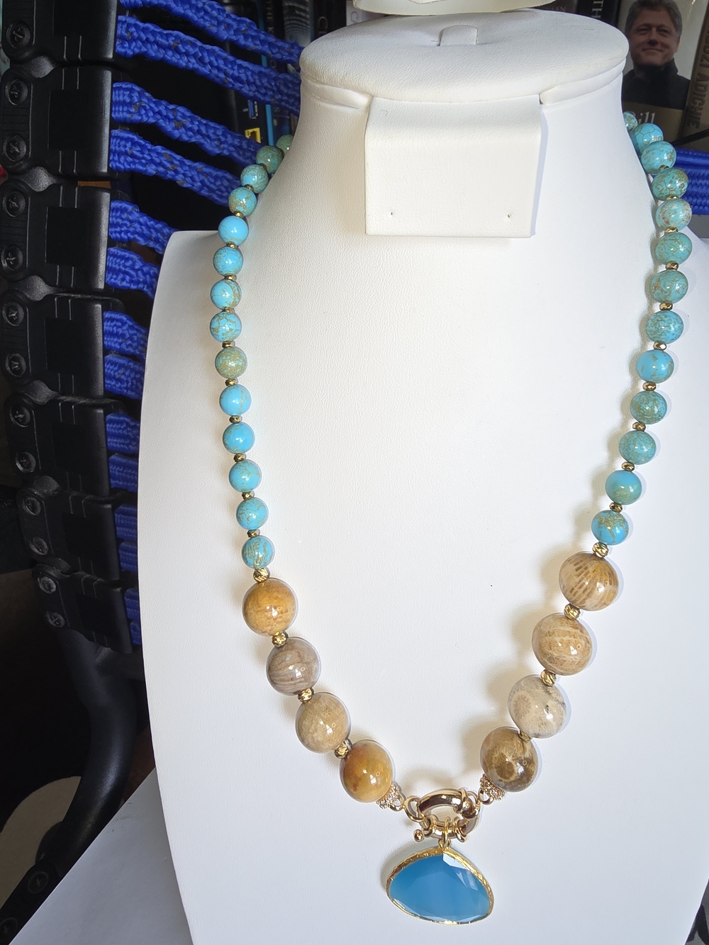 Turquoise & Beige Beaded Pendant Necklace - Designer